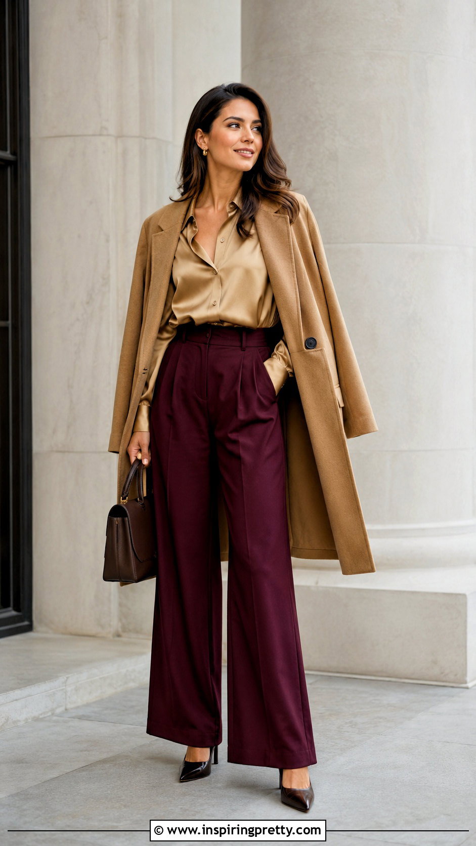 Gold Blouse With Burgundy Trousers - 50 gold tops outfit ideas