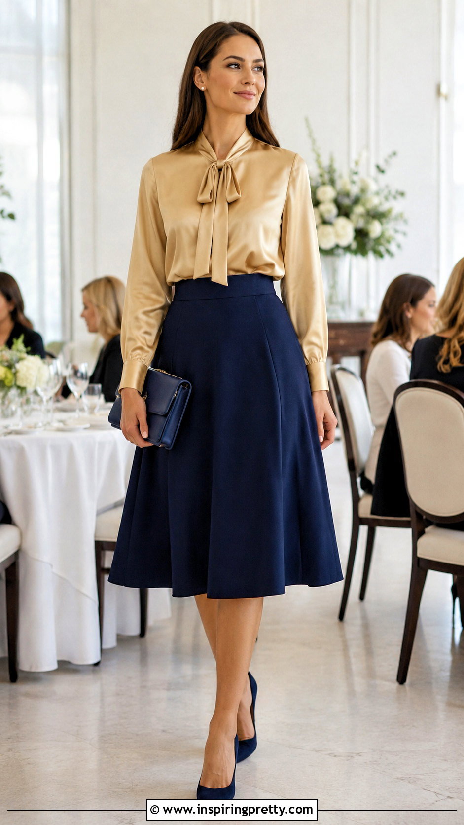 Gold Bow Neck Blouse With Navy Midi Skirt - 25 Gold Formal Top outfit ideas