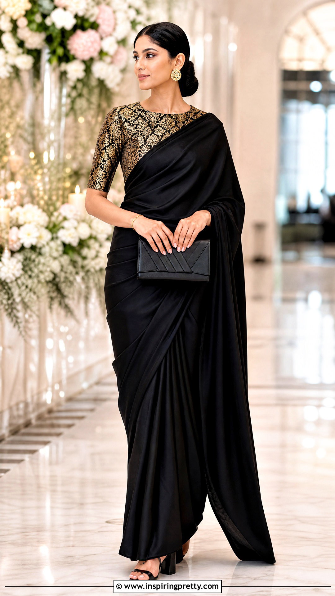 Gold Brocade Top With Black Saree - 50 brocade top designs