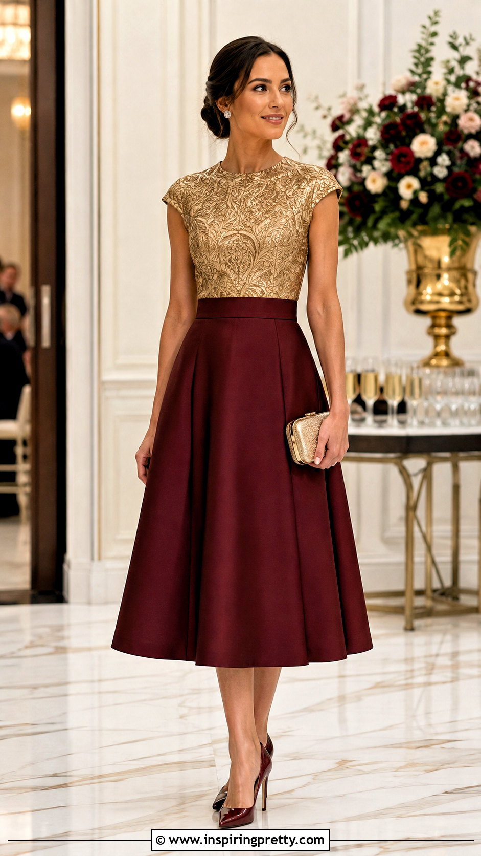 Gold Brocade Top With Burgundy Midi Skirt - 25 Gold Formal Top outfit ideas