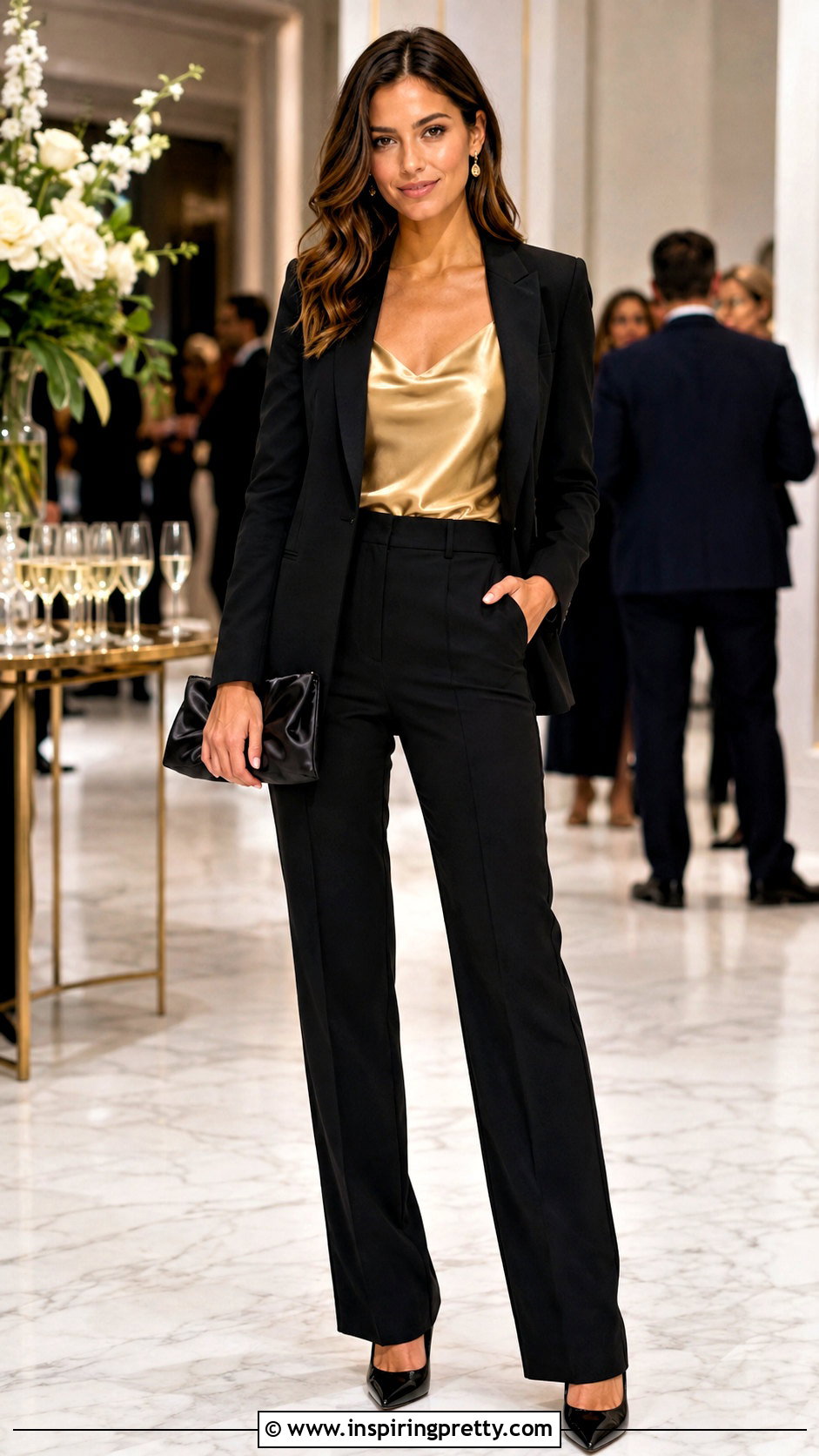 Gold Camisole With Black Blazer And Pants - 25 Gold Formal Top outfit ideas