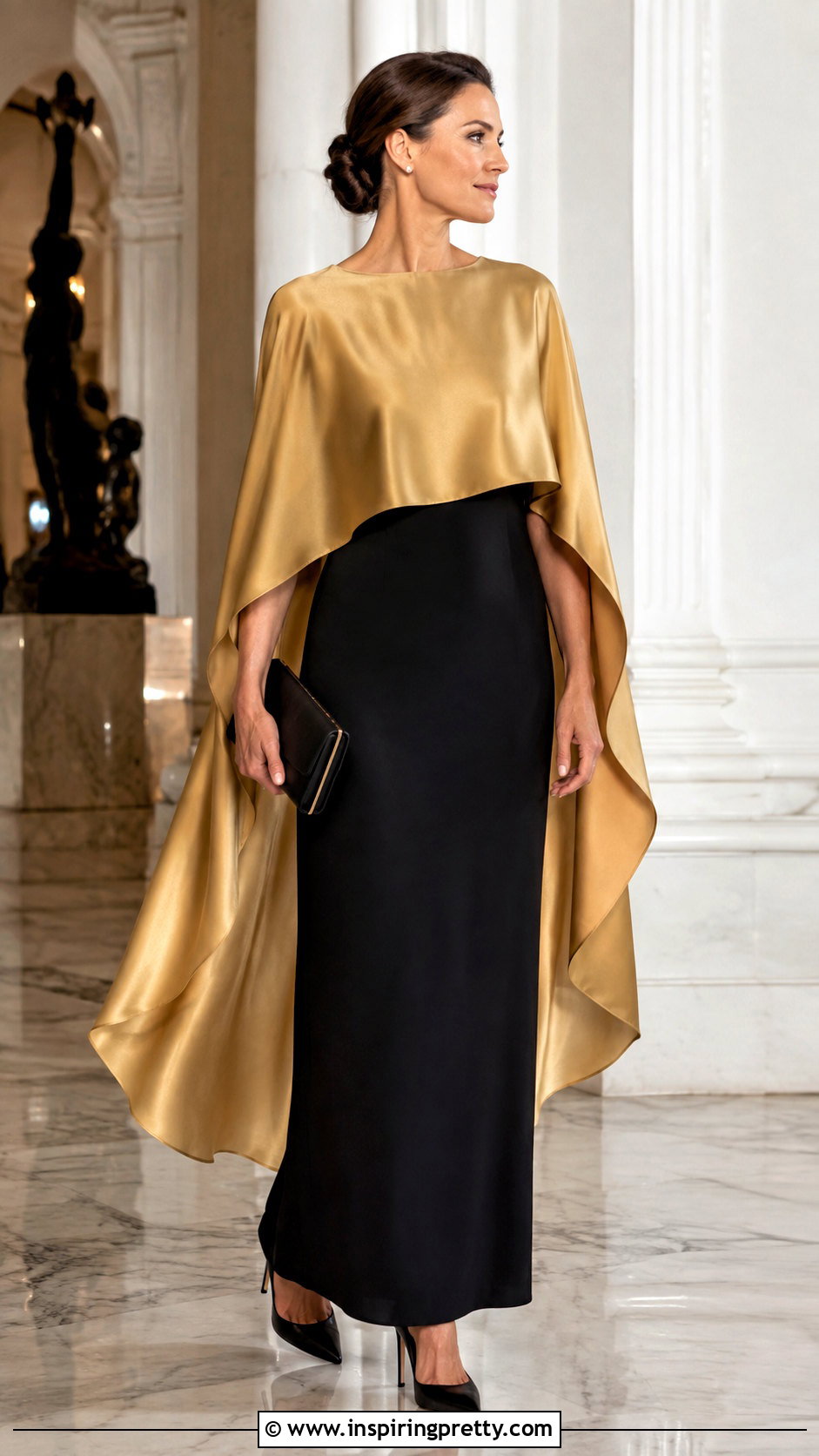 Gold Cape Top With Black Column Skirt - 25 Gold Formal Top outfit ideas