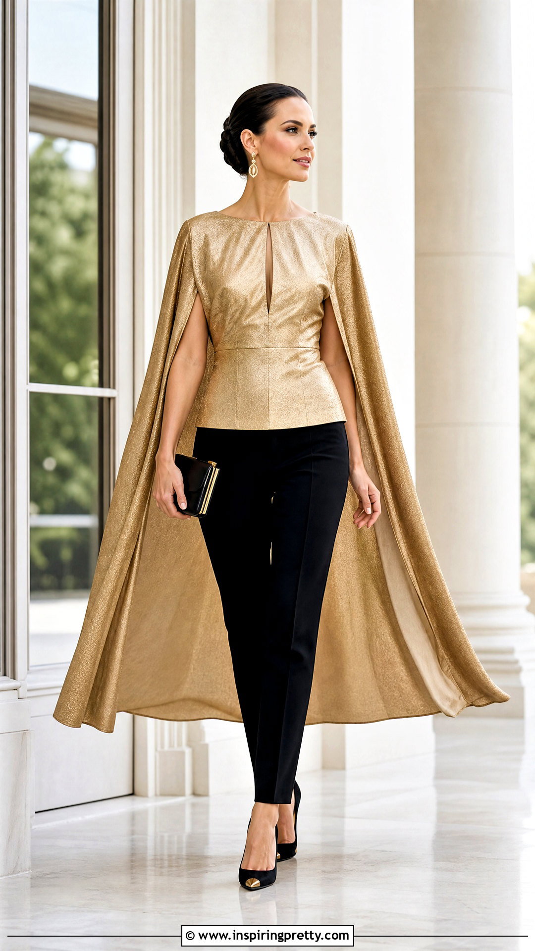 Gold Cape Top With Slim Black Trousers - 50 gold tops designs
