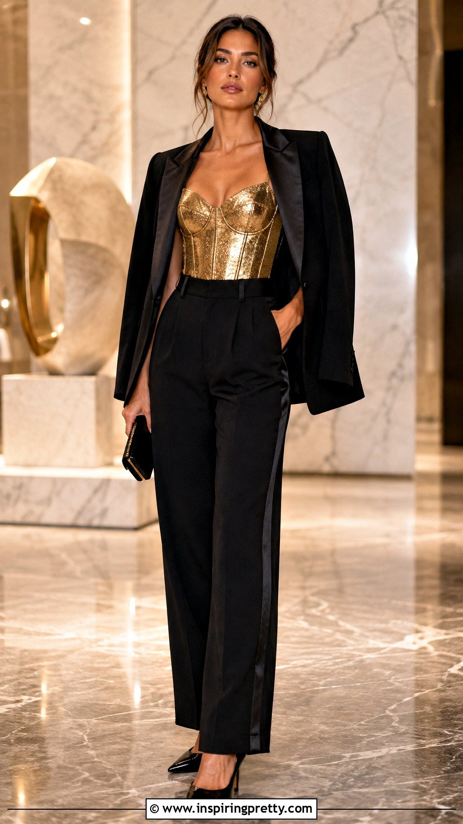 Gold Corset Top With Black Tuxedo Pants - 25 Gold Formal Top outfit ideas