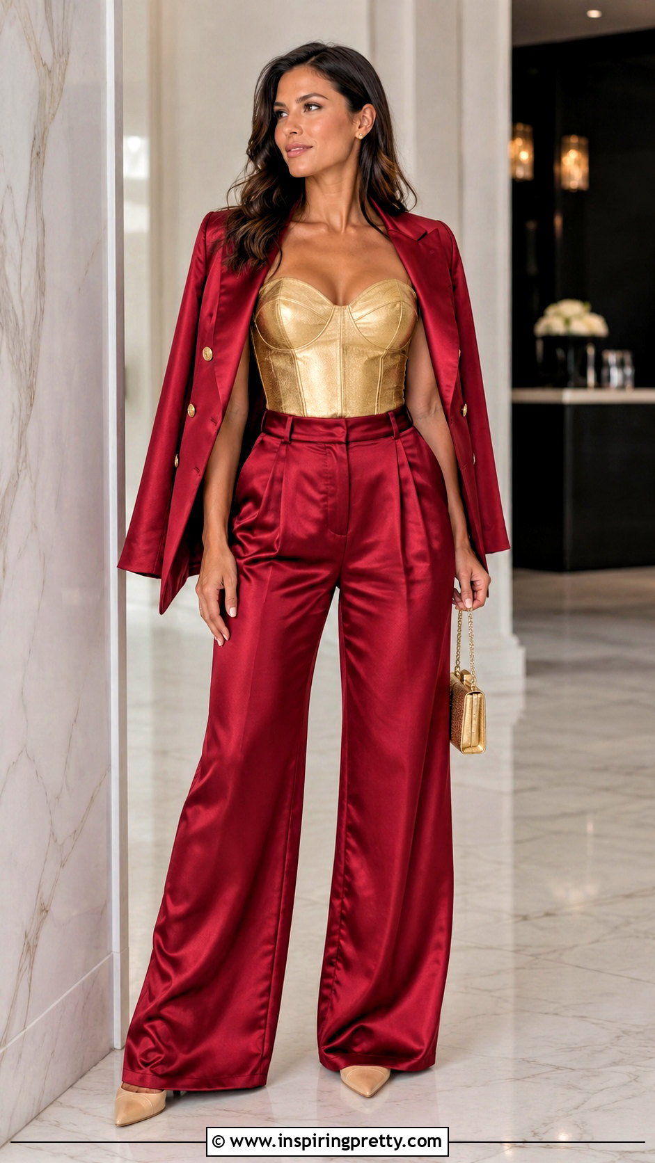 Gold Corset Top With Red Satin Pants - 25 red and gold corset top outfit ideas
