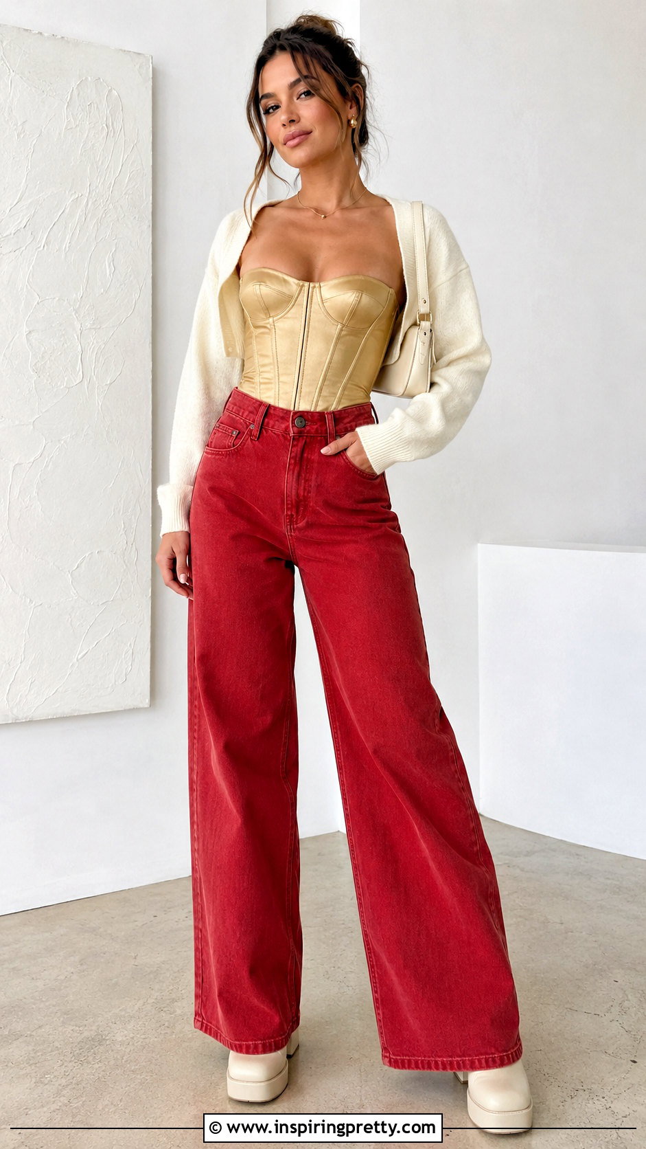 Gold Corset Top With Red Wide Leg Jeans - 25 red and gold corset top outfit ideas