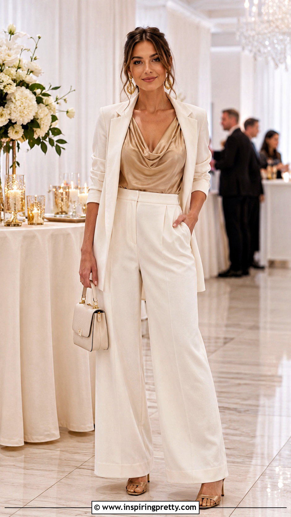 Gold Cowl Neck Party Top With Cream Trousers - 50 party tops night ideas