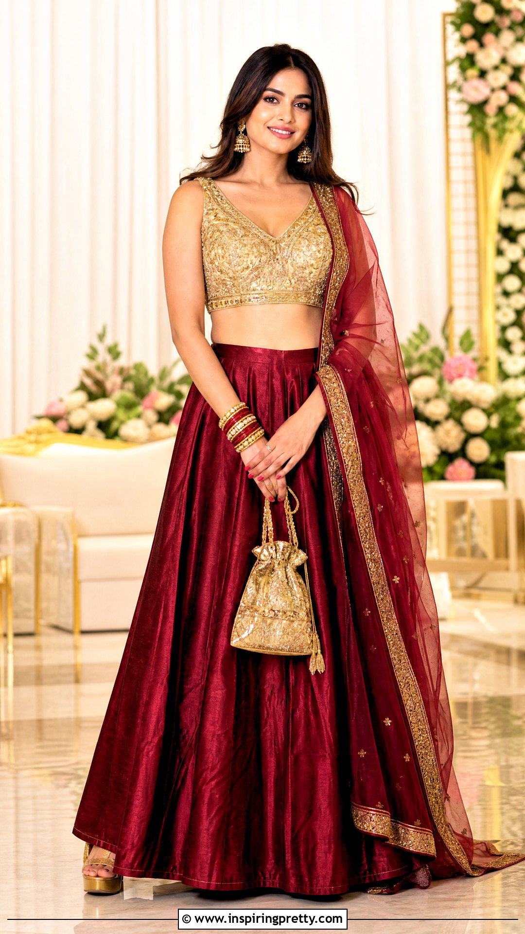 Gold Crop Top And Maroon Lehenga Skirt - 25 crop top and skirt indian party wear for women outfit ideas