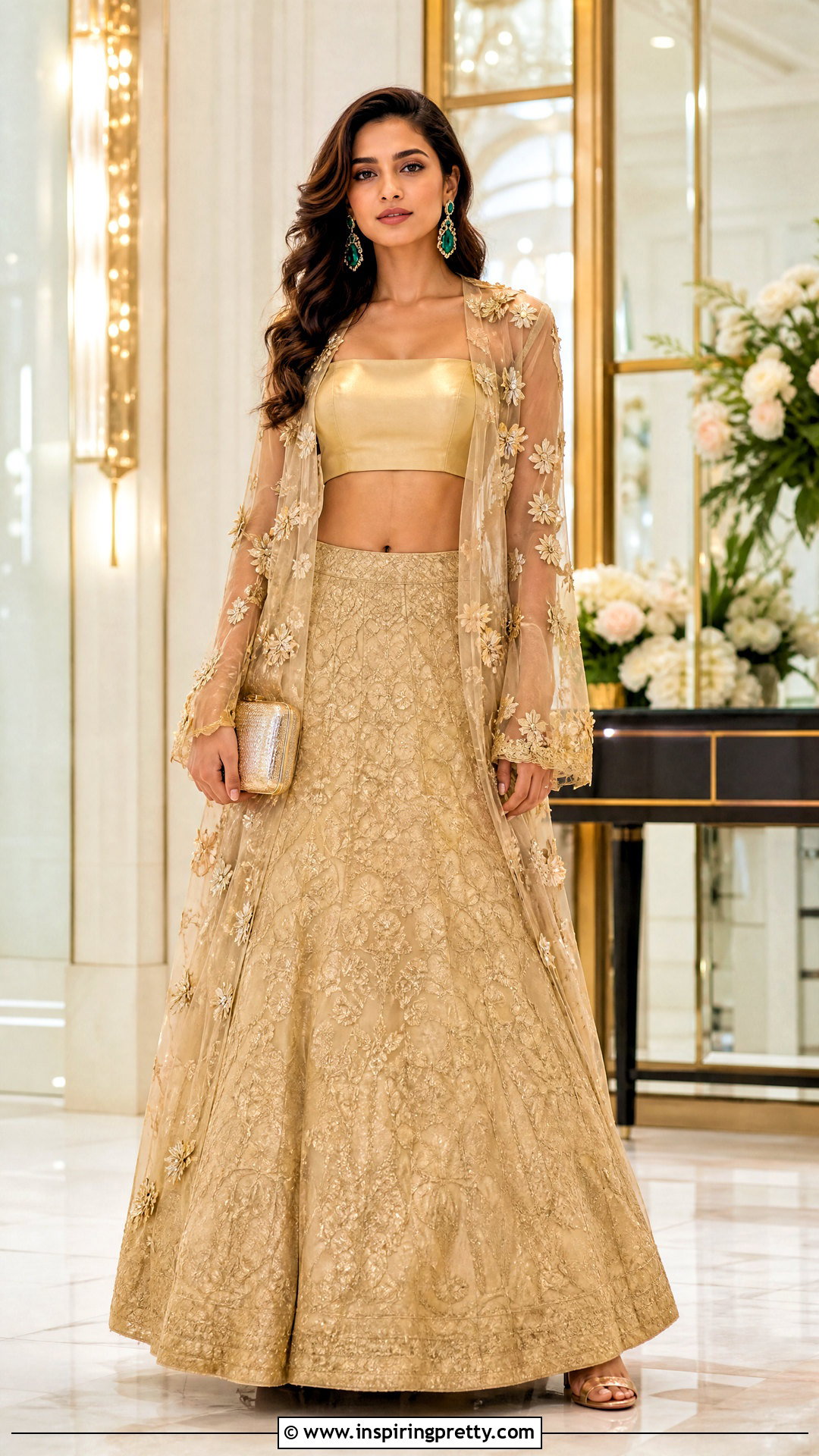 Gold Crop Top Lehenga With Organza Jacket - 50 crop top lehenga with jacket outfit ideas