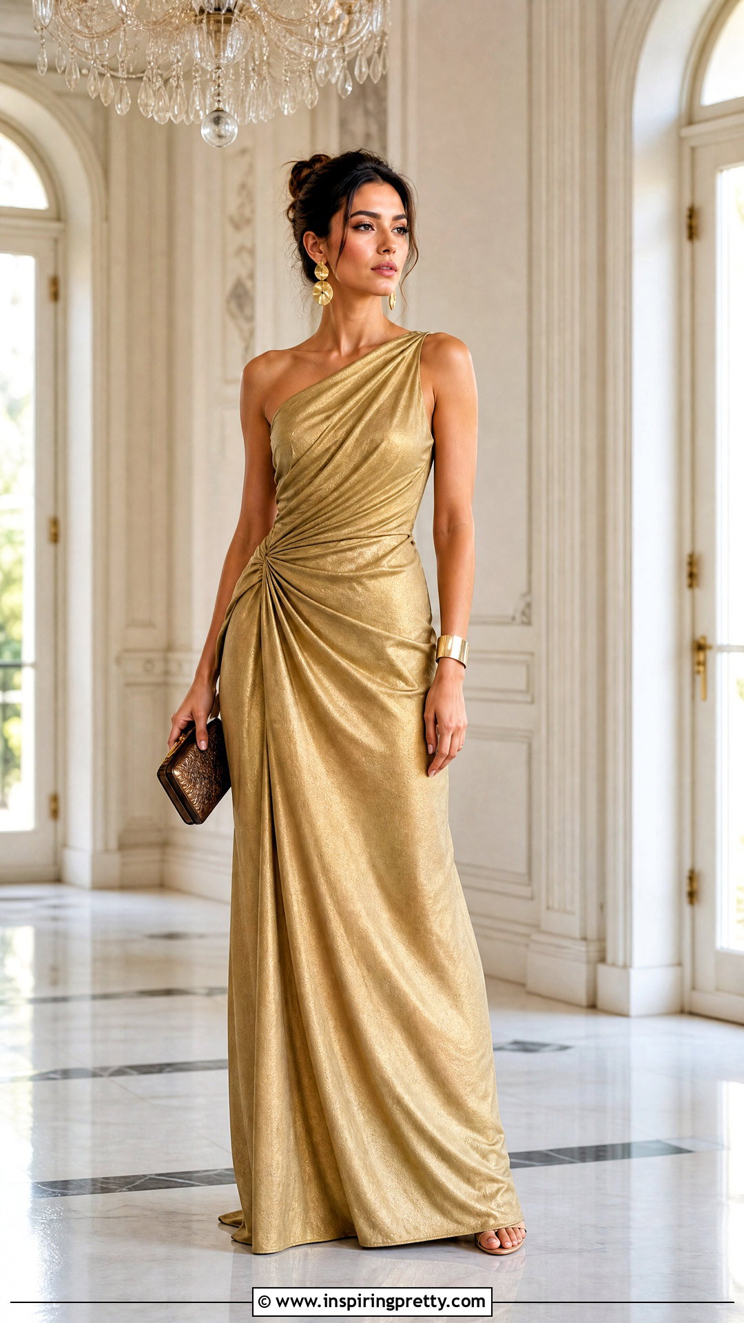 Gold Draped Gown And Minimal Accessories Outfit - 25 top gold outfit date ideas