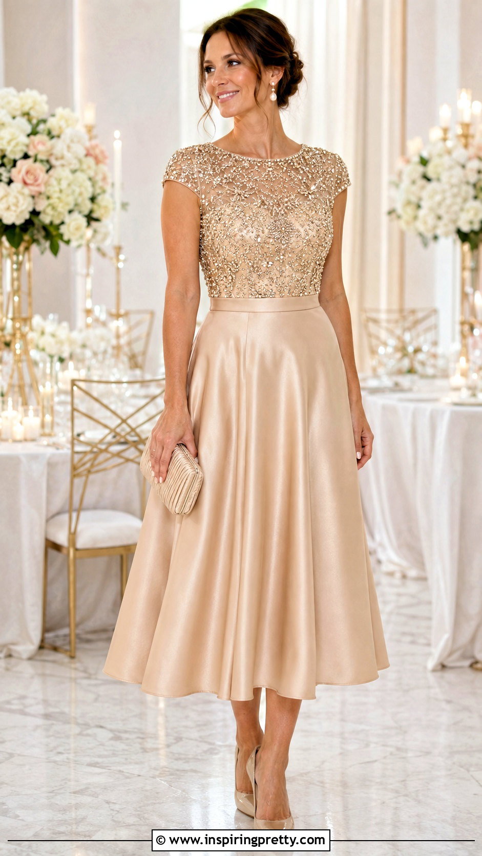 Gold Embellished Top With Champagne Midi Skirt - 25 Gold Formal Top outfit ideas