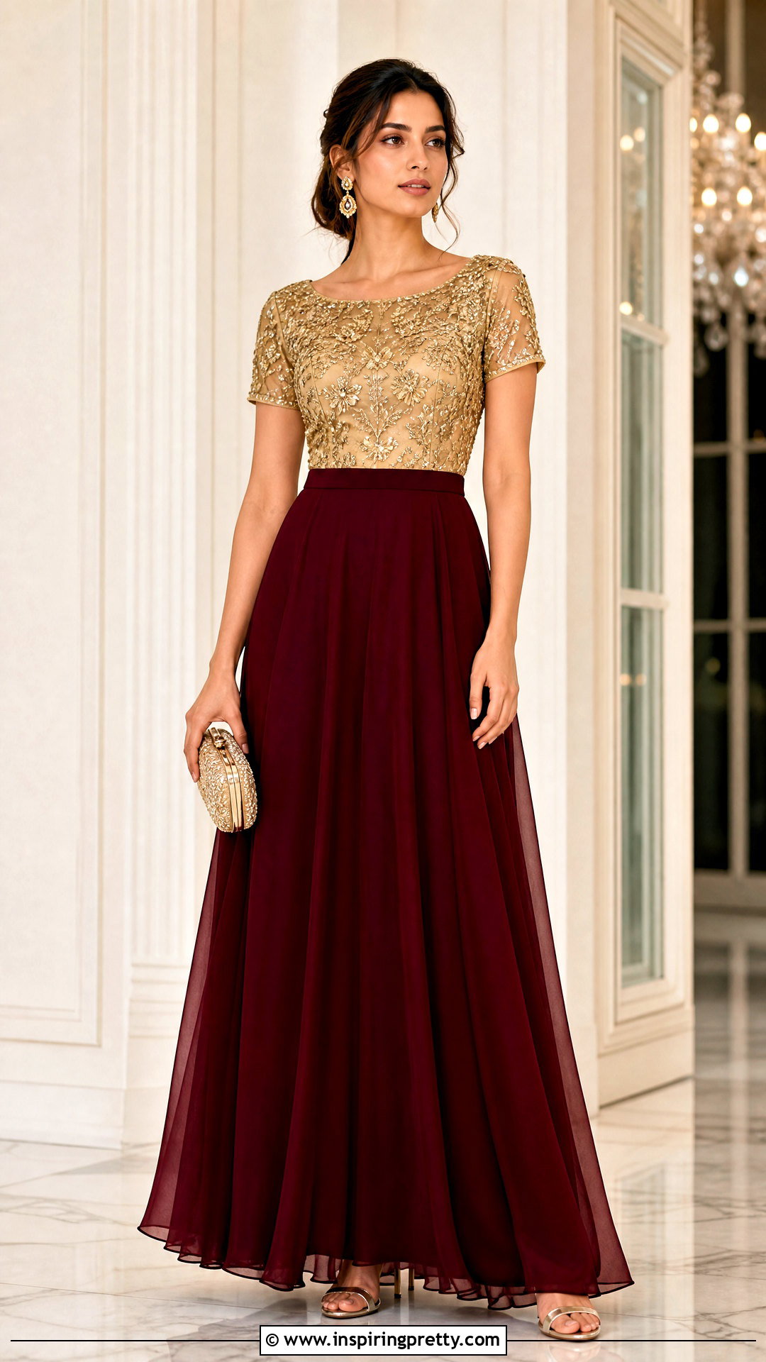 Gold Embroidered Top With A Line Maxi Skirt - 25 gold embroidered top outfit ideas