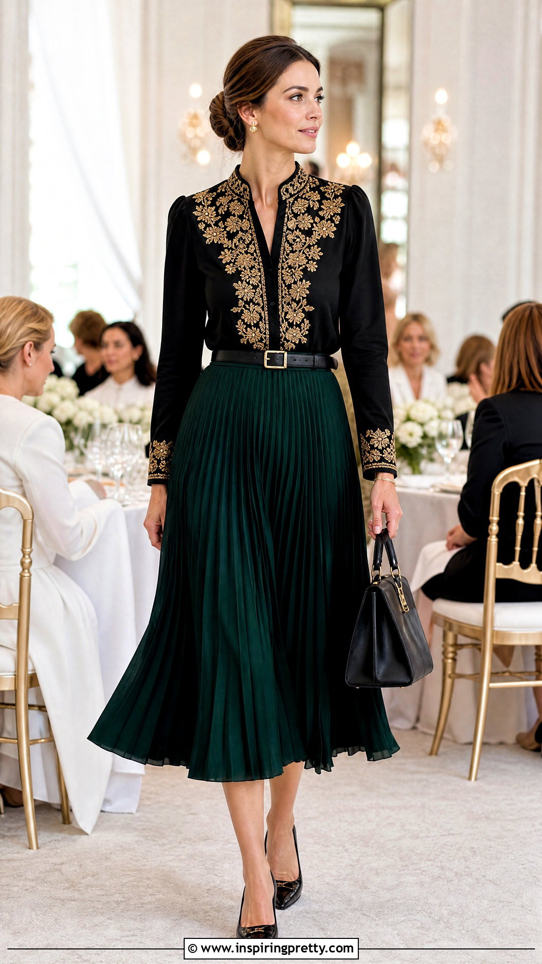 Gold Embroidered Top With Pleated Midi Skirt - 25 gold embroidered top outfit ideas