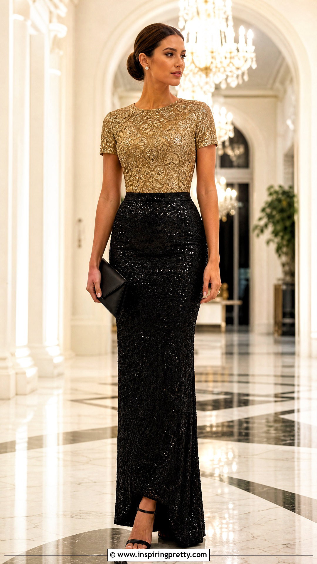 Gold Embroidered Top With Sequin Maxi Skirt - 25 gold embroidered top outfit ideas