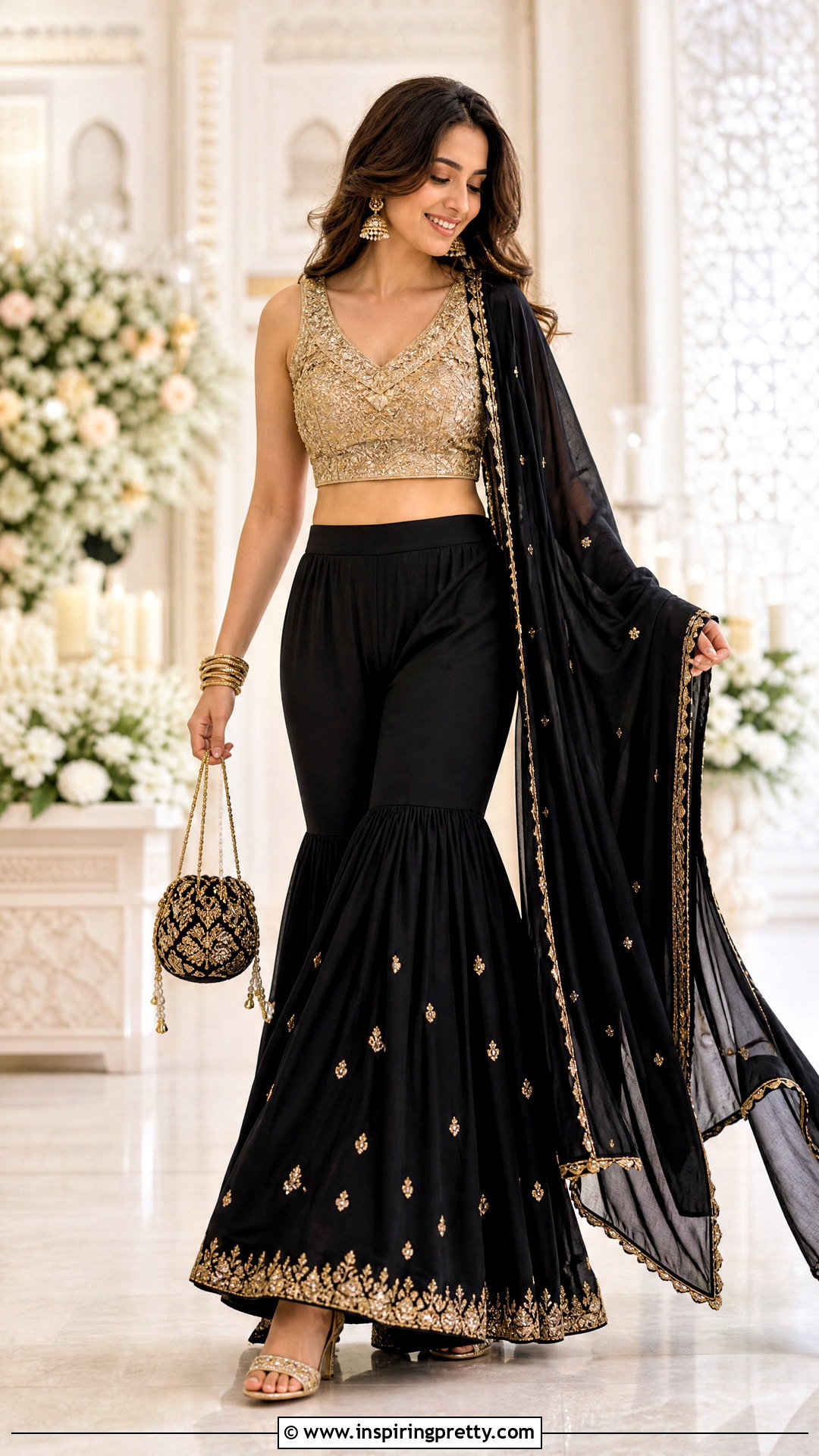 Gold Embroidered Top With Sharara Pants - 25 gold embroidered top outfit ideas