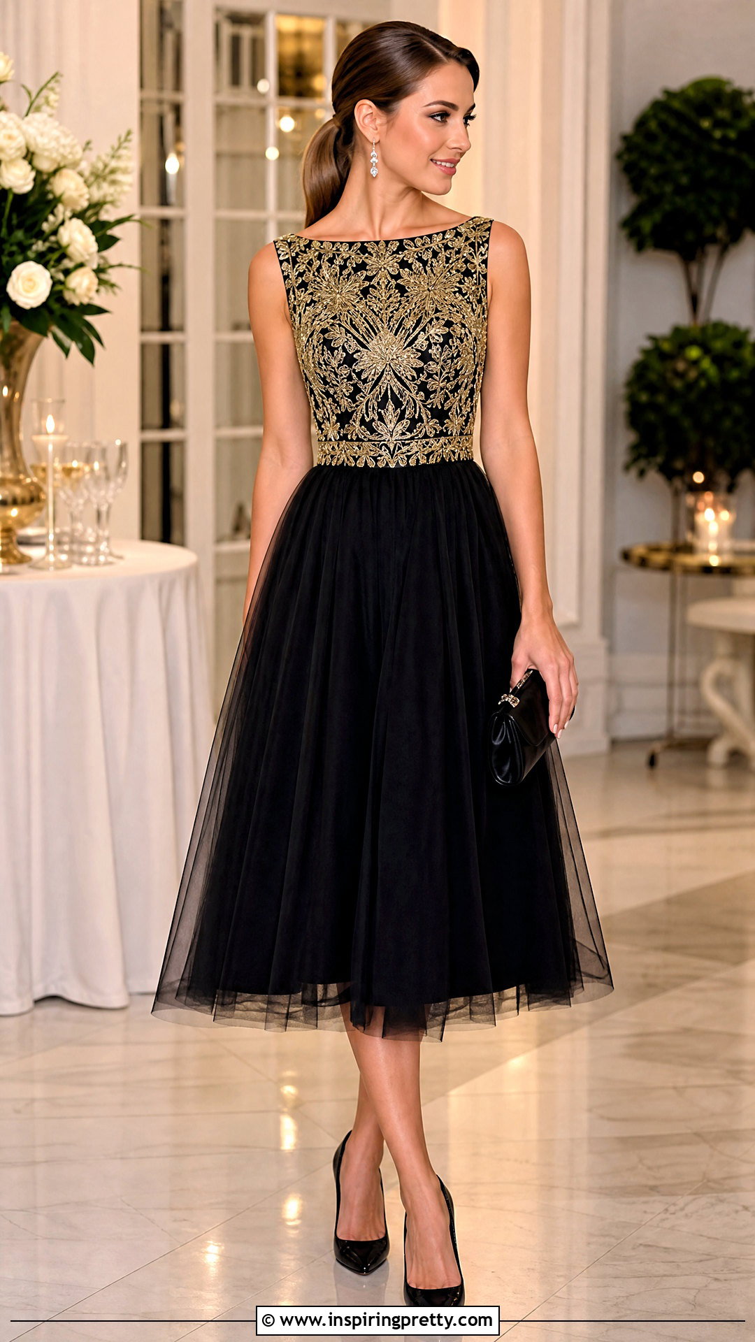Gold Embroidered Top With Tulle Midi Skirt - 25 gold embroidered top outfit ideas
