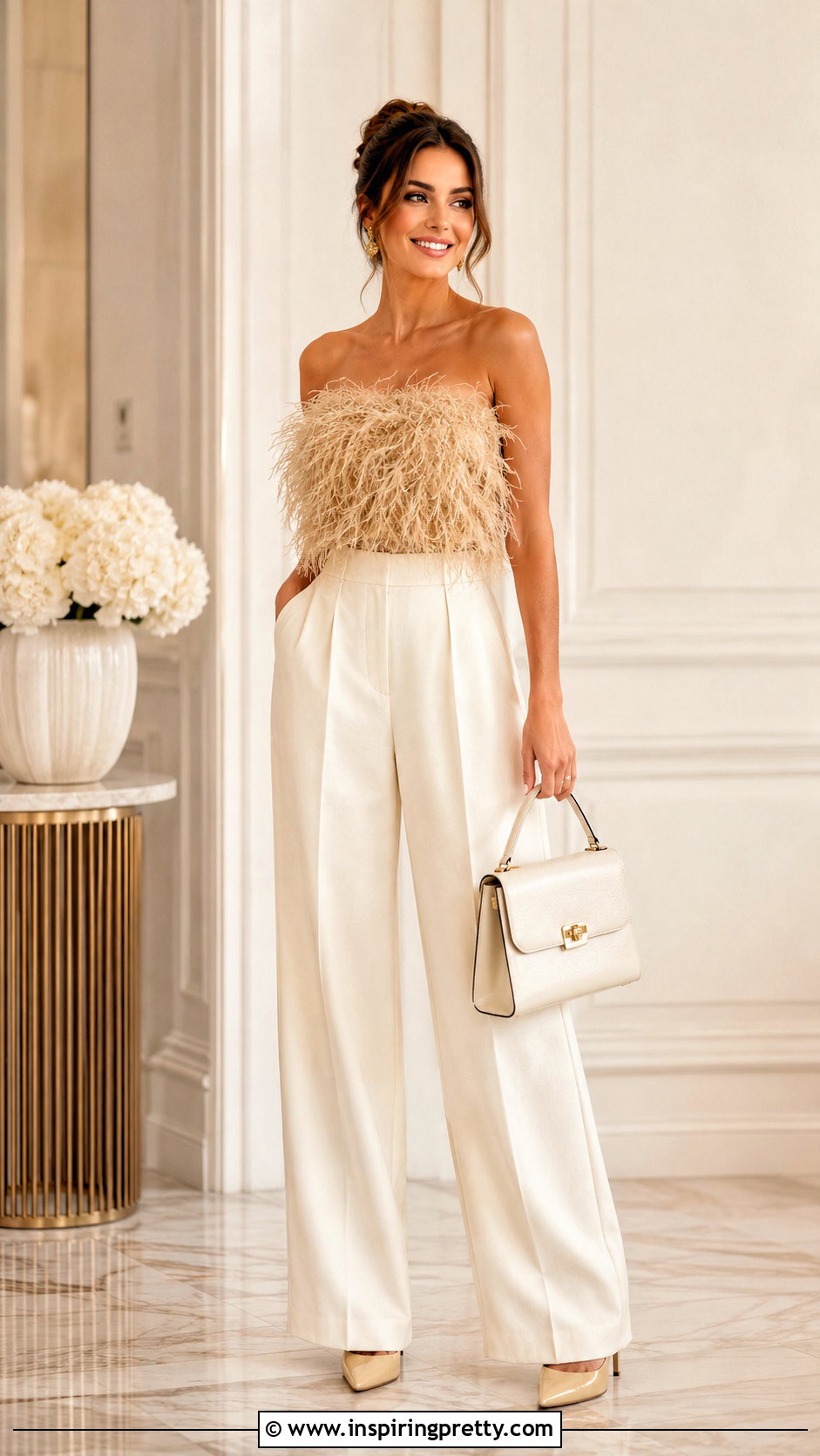 Gold Feather Top With Cream Trousers - 50 feather top outfit ideas