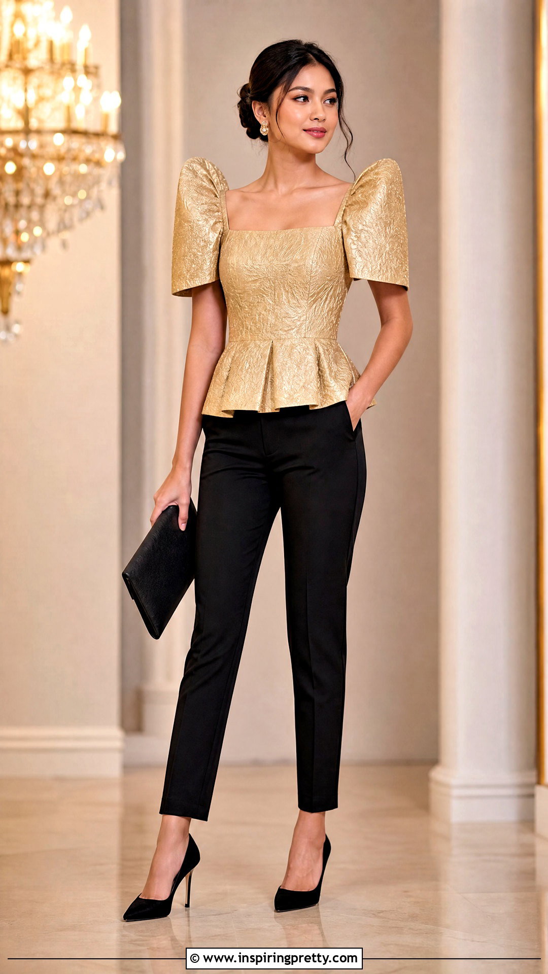Gold Filipiniana Top With Black Cigarette Pants - 50 filipiniana top and pants
