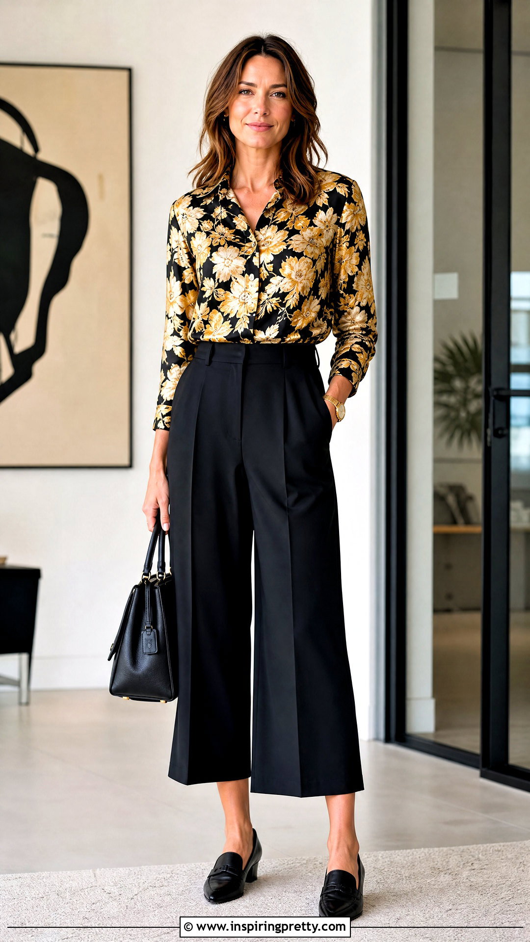 Gold Floral Print Top With Black Culottes - 20 Gold Floral Print Top outfit ideas