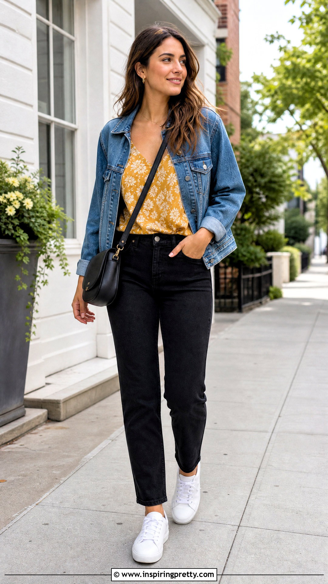 Gold Floral Print Top With Black Jeans And Denim Jacket - 20 Gold Floral Print Top outfit ideas