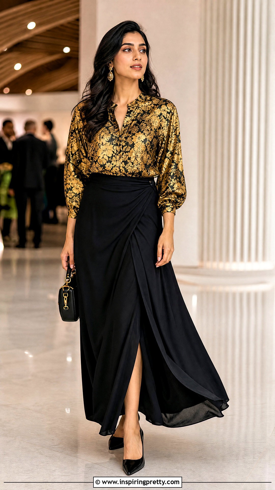 Gold Floral Print Top With Black Maxi Skirt - 20 Gold Floral Print Top outfit ideas