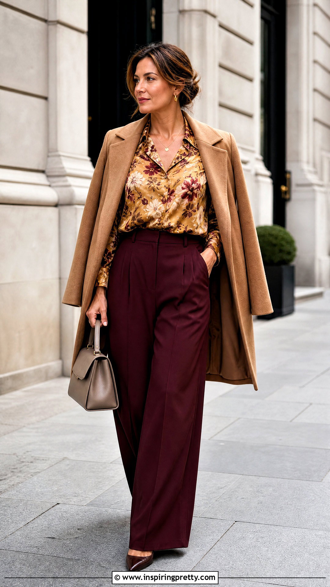 Gold Floral Print Top With Burgundy Trousers - 20 Gold Floral Print Top outfit ideas