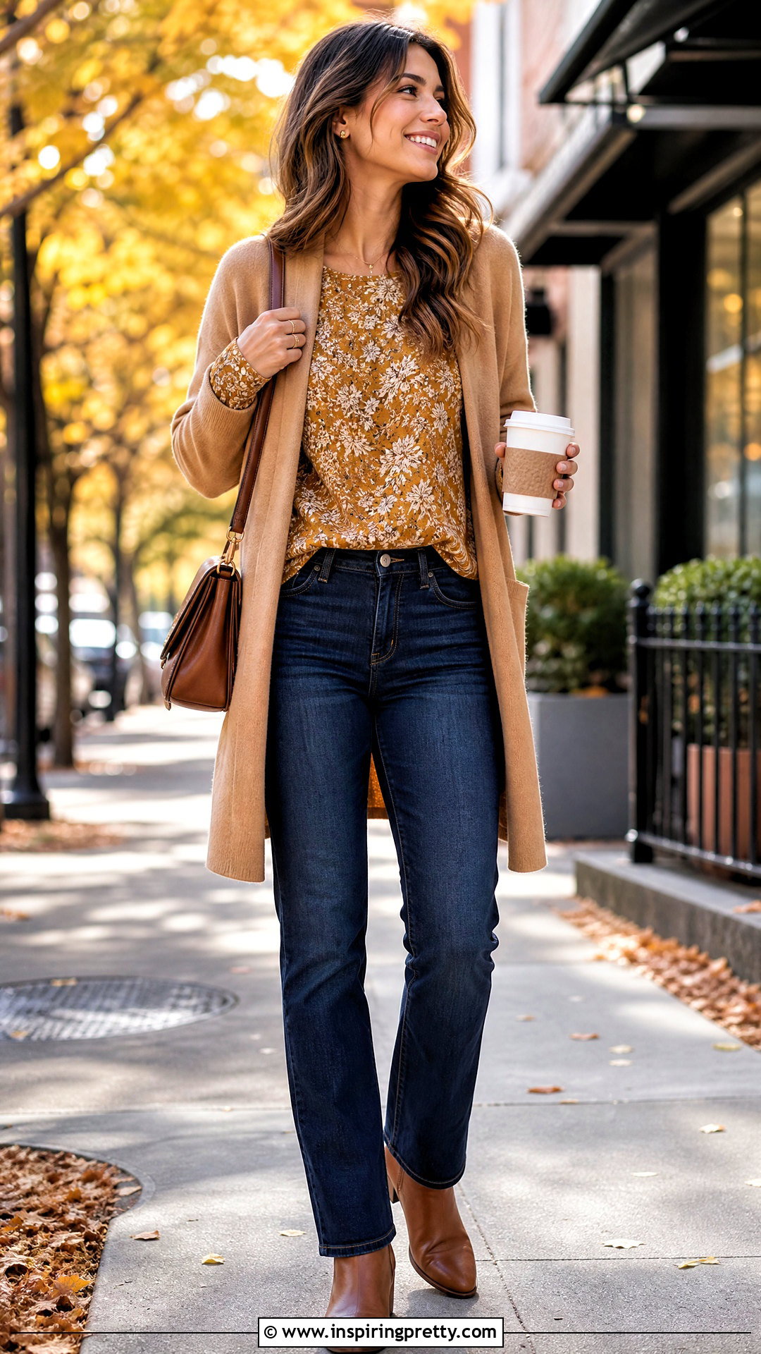 Gold Floral Print Top With Dark Jeans And Cardigan - 20 Gold Floral Print Top outfit ideas