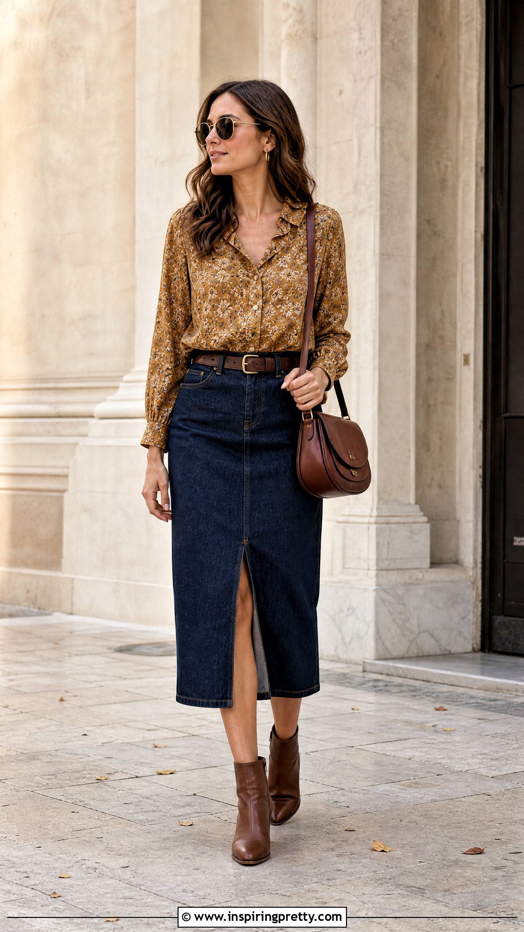 Gold Floral Print Top With Denim Midi Skirt - 20 Gold Floral Print Top outfit ideas