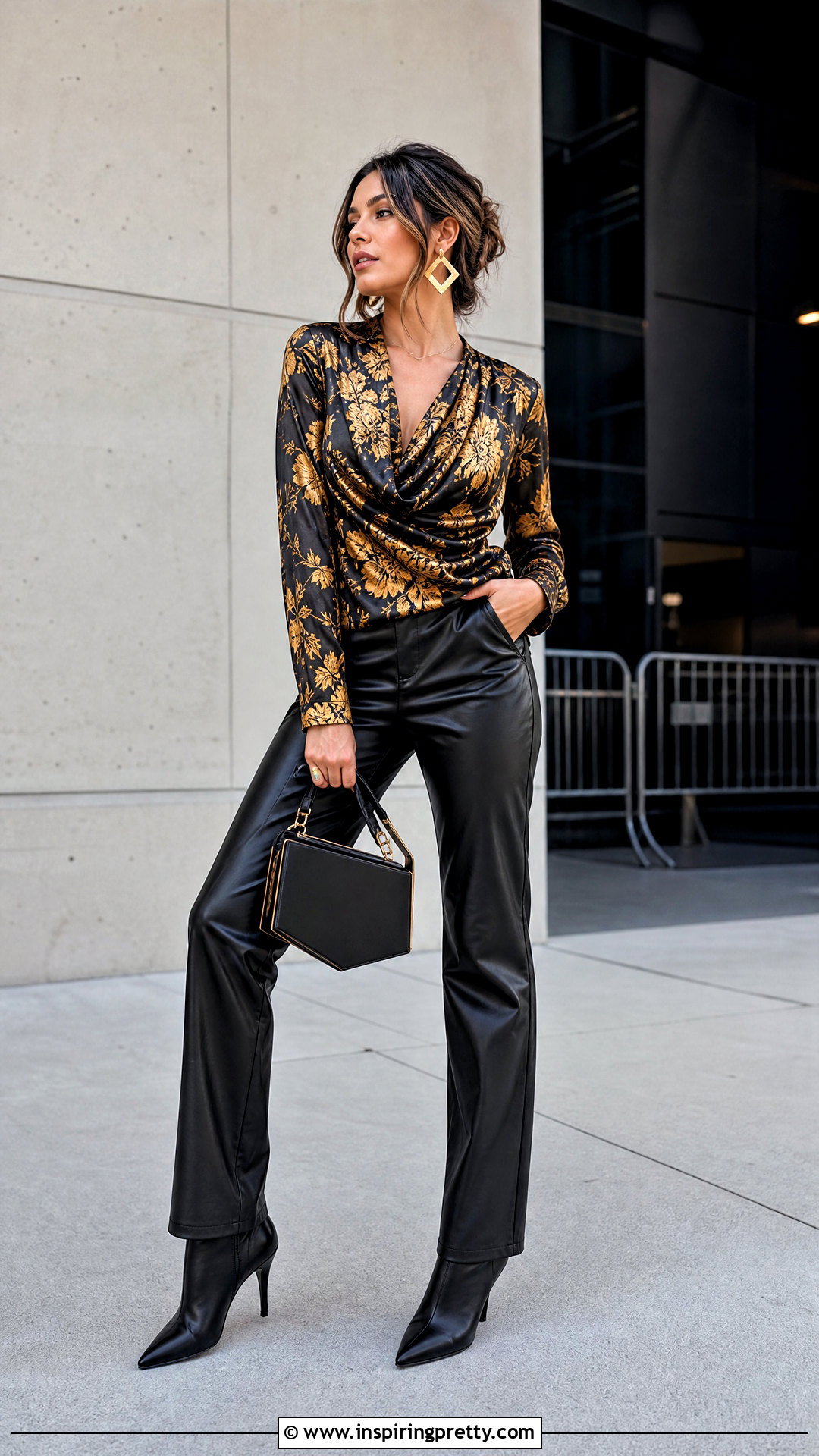 Gold Floral Print Top With Faux Leather Pants - 20 Gold Floral Print Top outfit ideas
