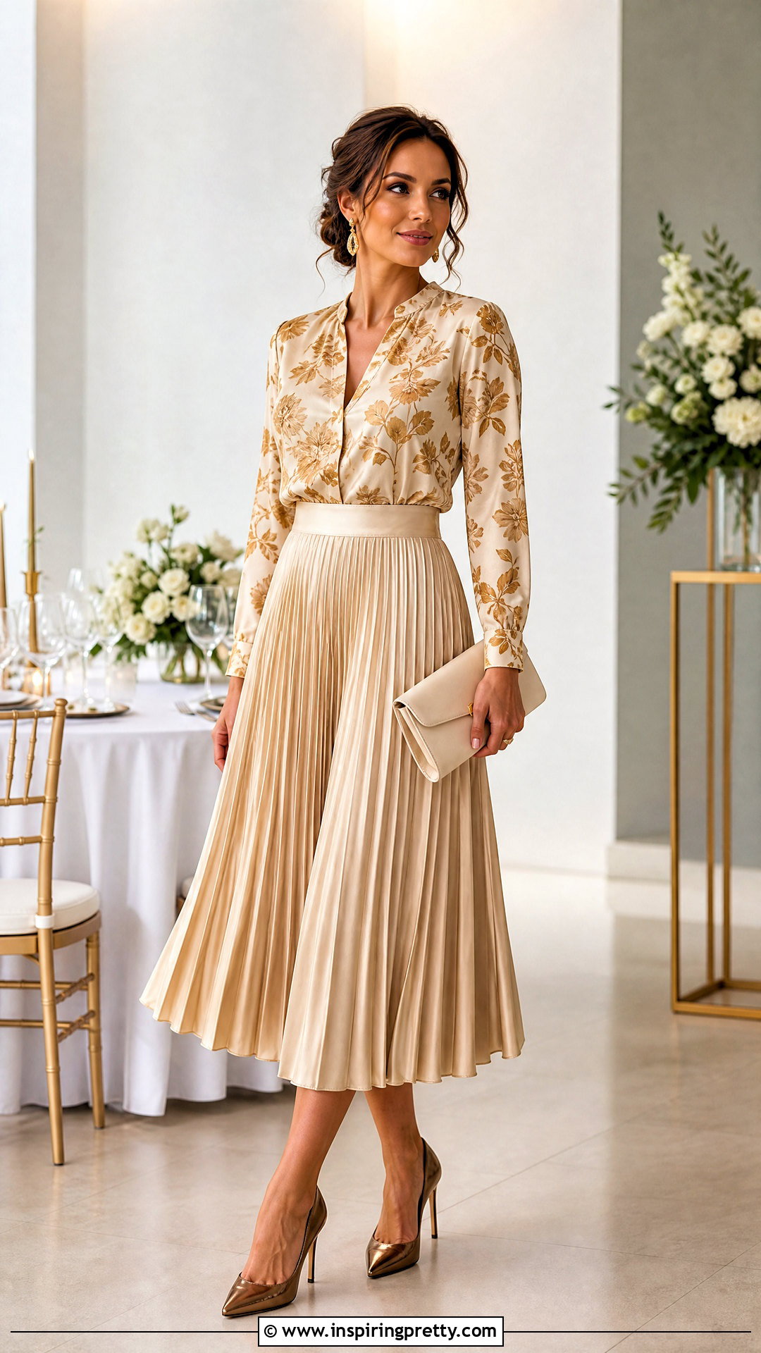 Gold Floral Print Top With Gold Pleated Skirt - 20 Gold Floral Print Top outfit ideas