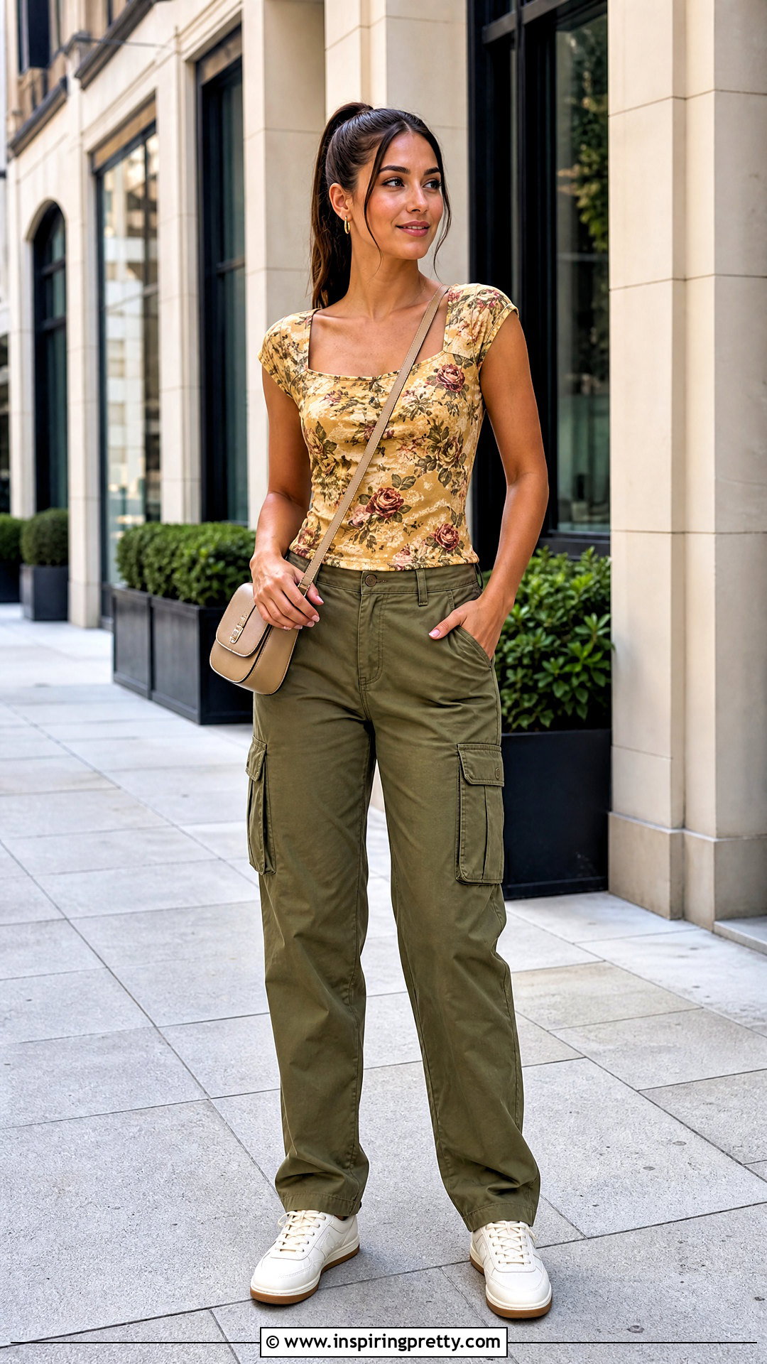 Gold Floral Print Top With Olive Cargo Pants - 20 Gold Floral Print Top outfit ideas