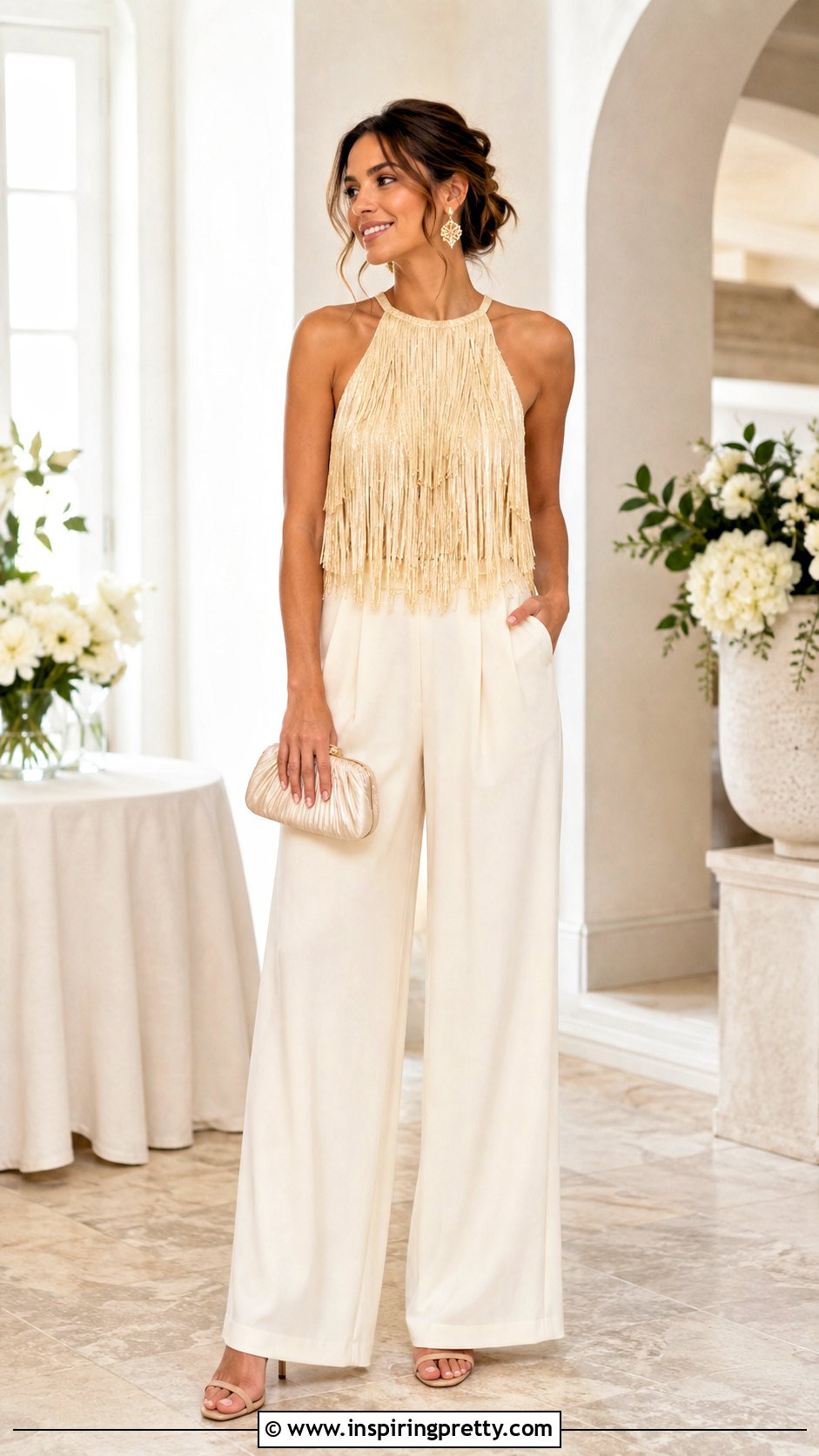 Gold Fringe Top With Cream Trousers - 50 Fringe Top outfit ideas