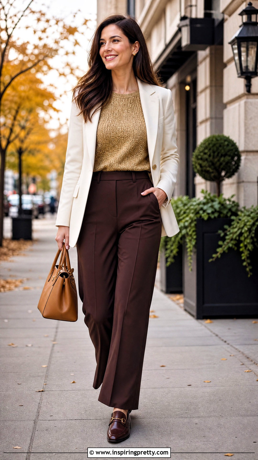 Gold Knit Top With Brown Trousers - 20 Gold Hands Tops