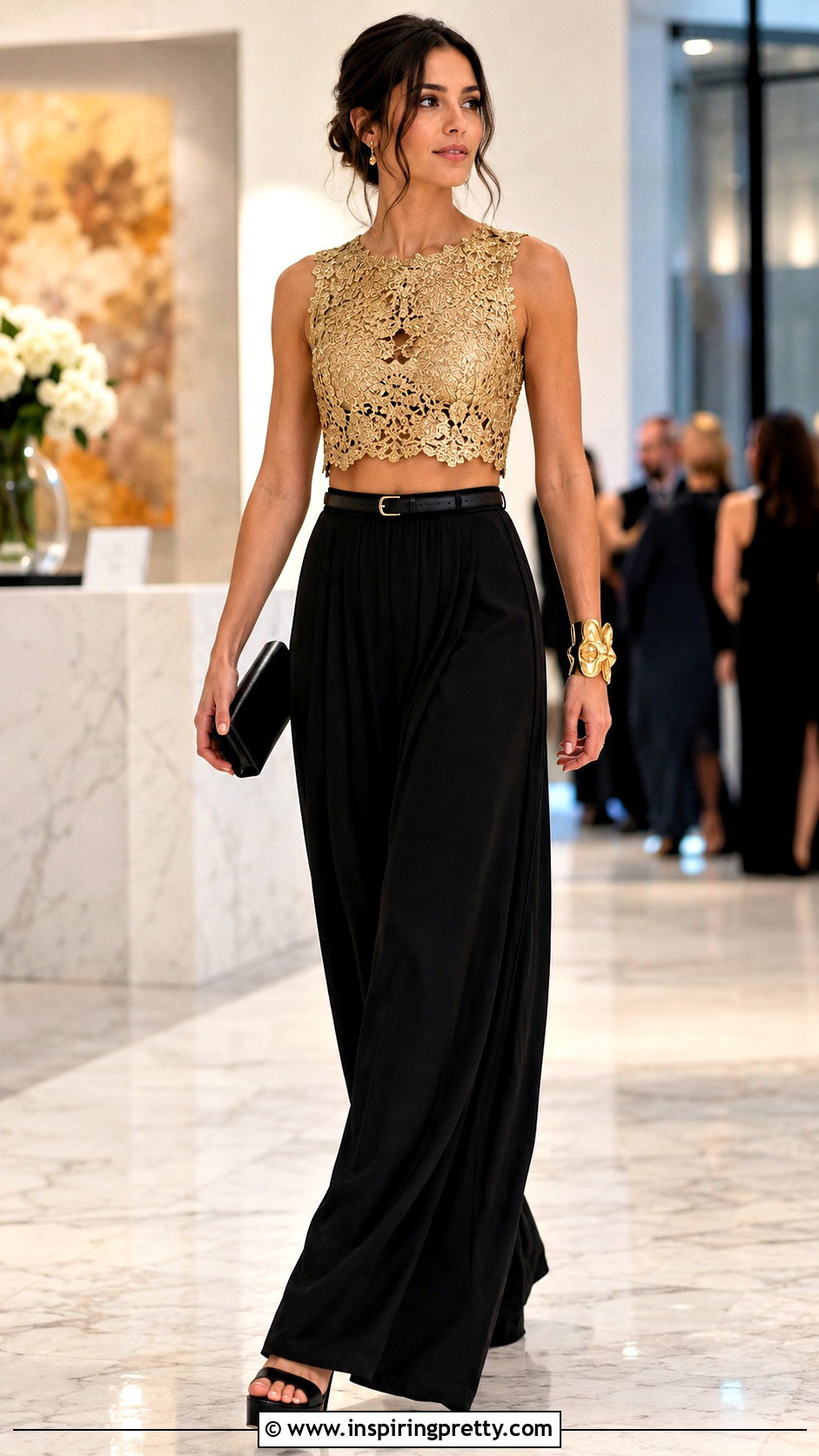 Gold Lace Crop Top With Black Palazzo Pants - 20 Gold Lace Crop Top outfit ideas
