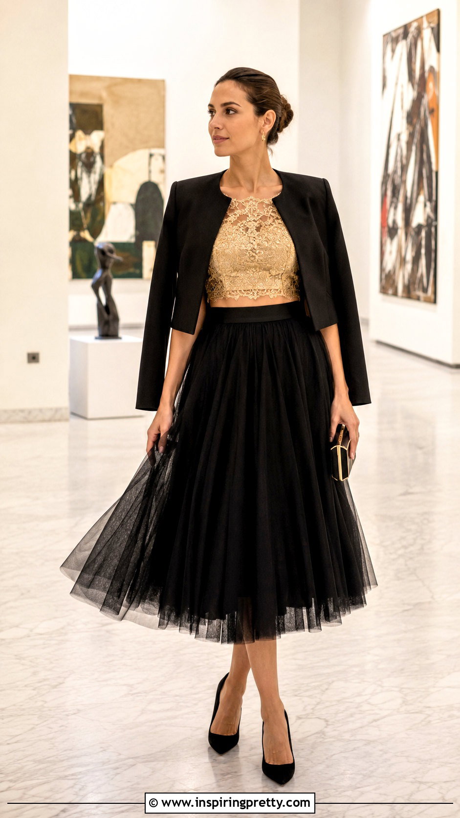Gold Lace Crop Top With Black Tulle Midi Skirt - 20 Gold Lace Crop Top outfit ideas