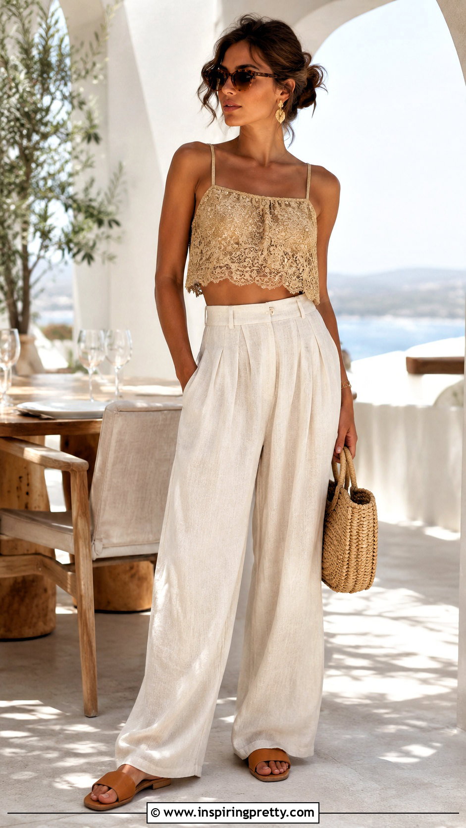 Gold Lace Crop Top With Cream Linen Pants - 20 Gold Lace Crop Top outfit ideas