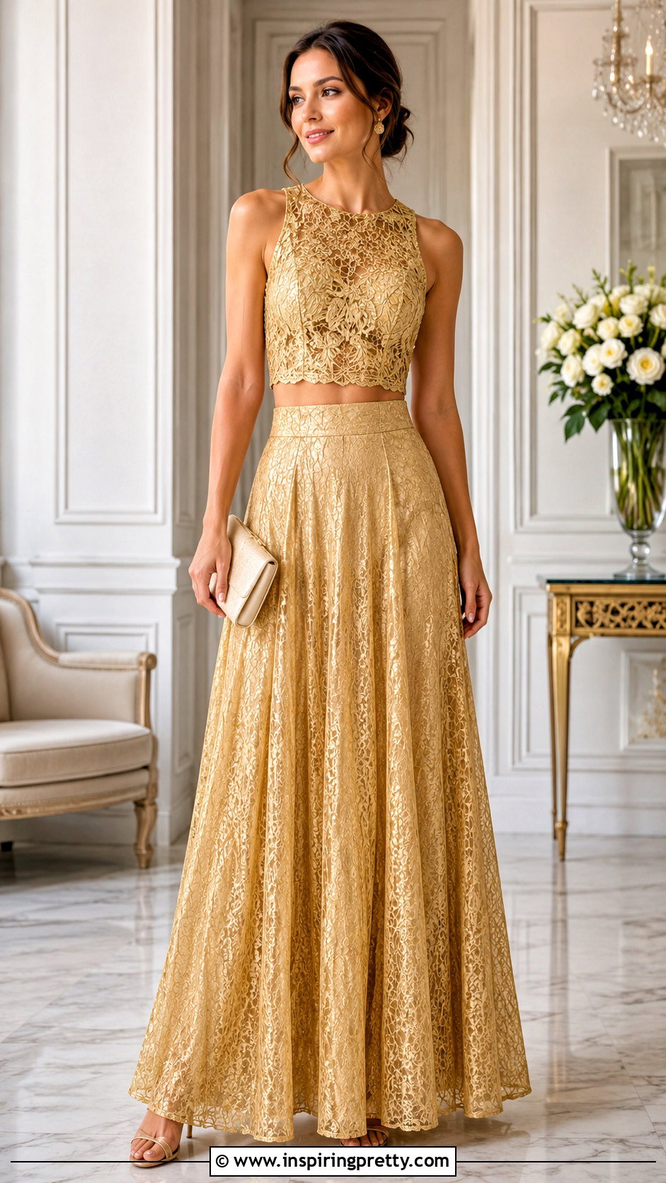 Gold Lace Crop Top With Matching Gold Maxi Skirt - 20 Gold Lace Crop Top outfit ideas
