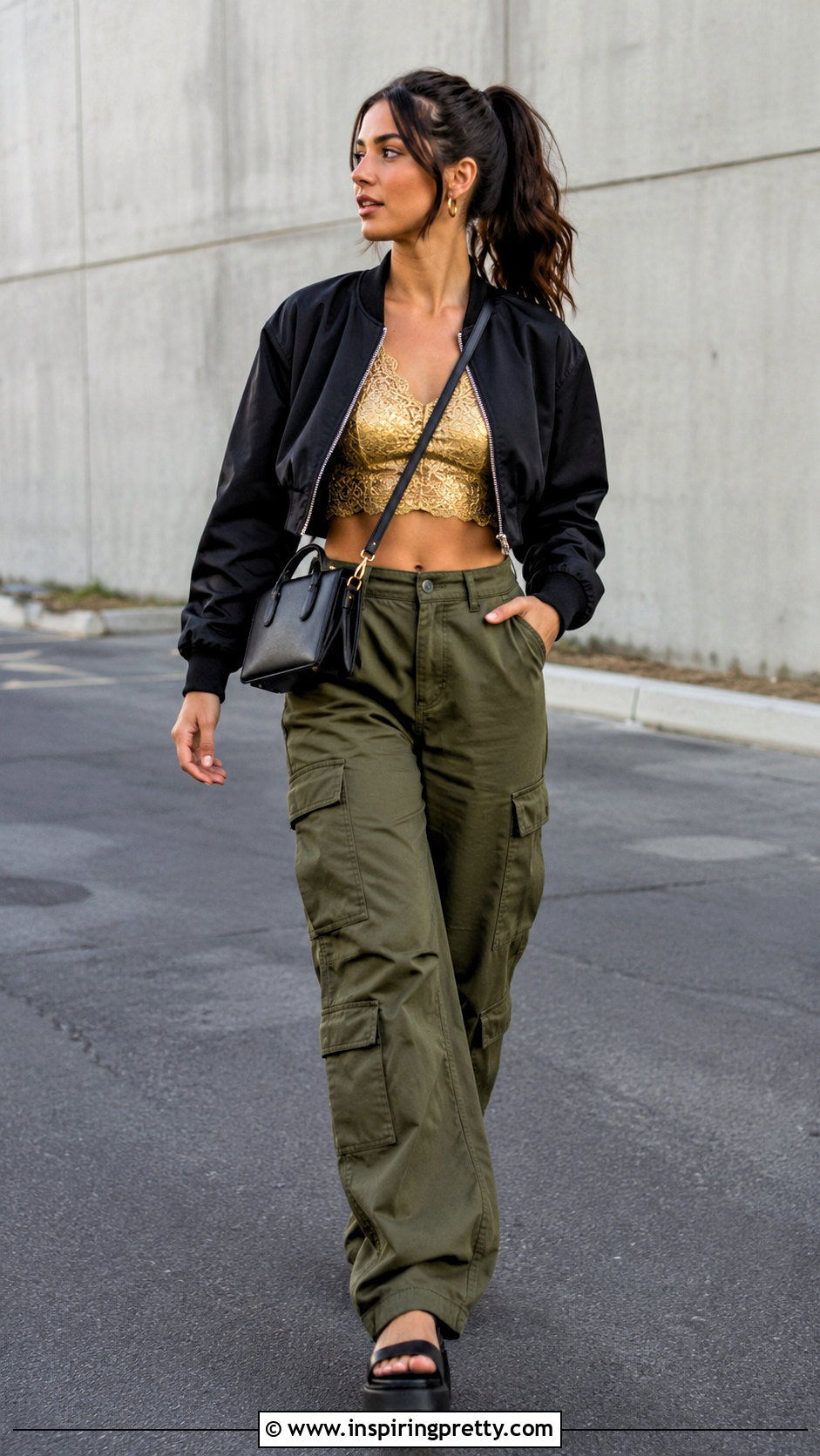 Gold Lace Crop Top With Olive Cargo Pants - 20 Gold Lace Crop Top outfit ideas