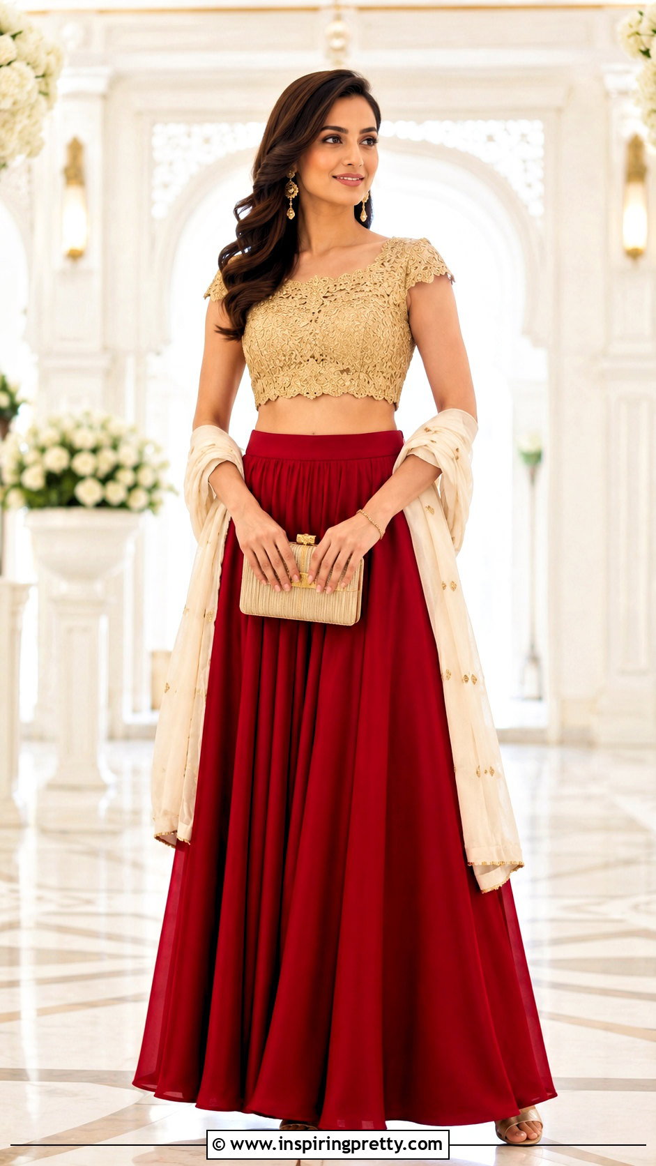 Gold Lace Crop Top With Red Maxi Skirt - 20 Gold Lace Crop Top outfit ideas