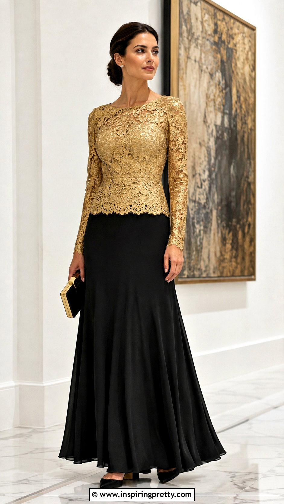Gold Lace Top With Black Maxi Skirt - 25 gold lace tops outfit ideas