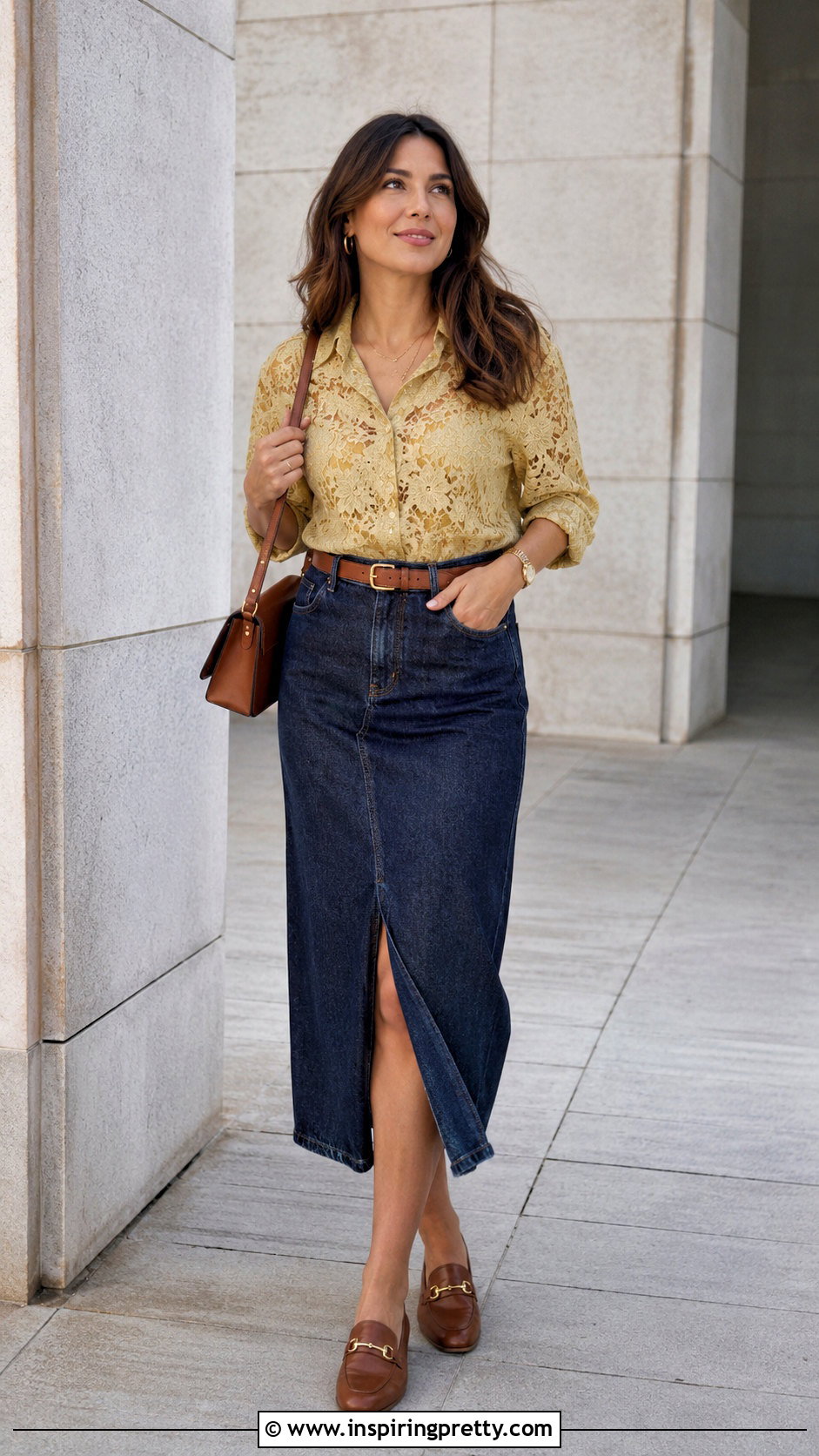 Gold Lace Top With Denim Midi Skirt - 25 gold lace tops outfit ideas