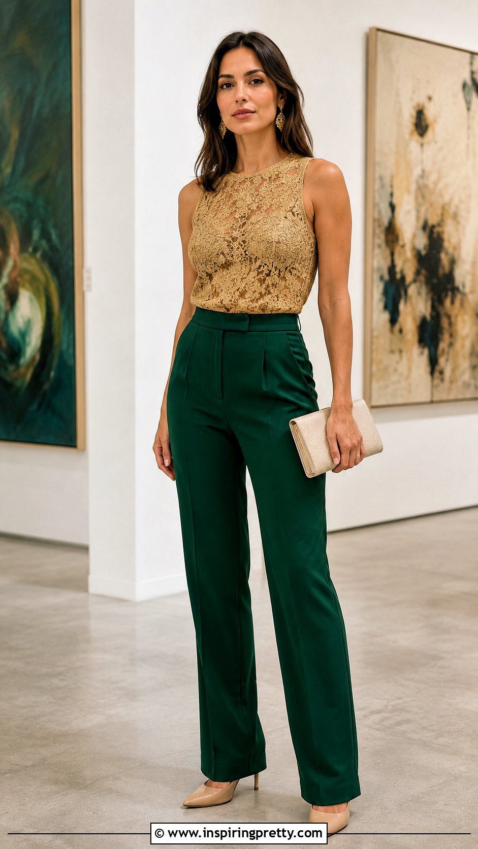 Gold Lace Top With Emerald Green Pants - 25 gold lace tops outfit ideas