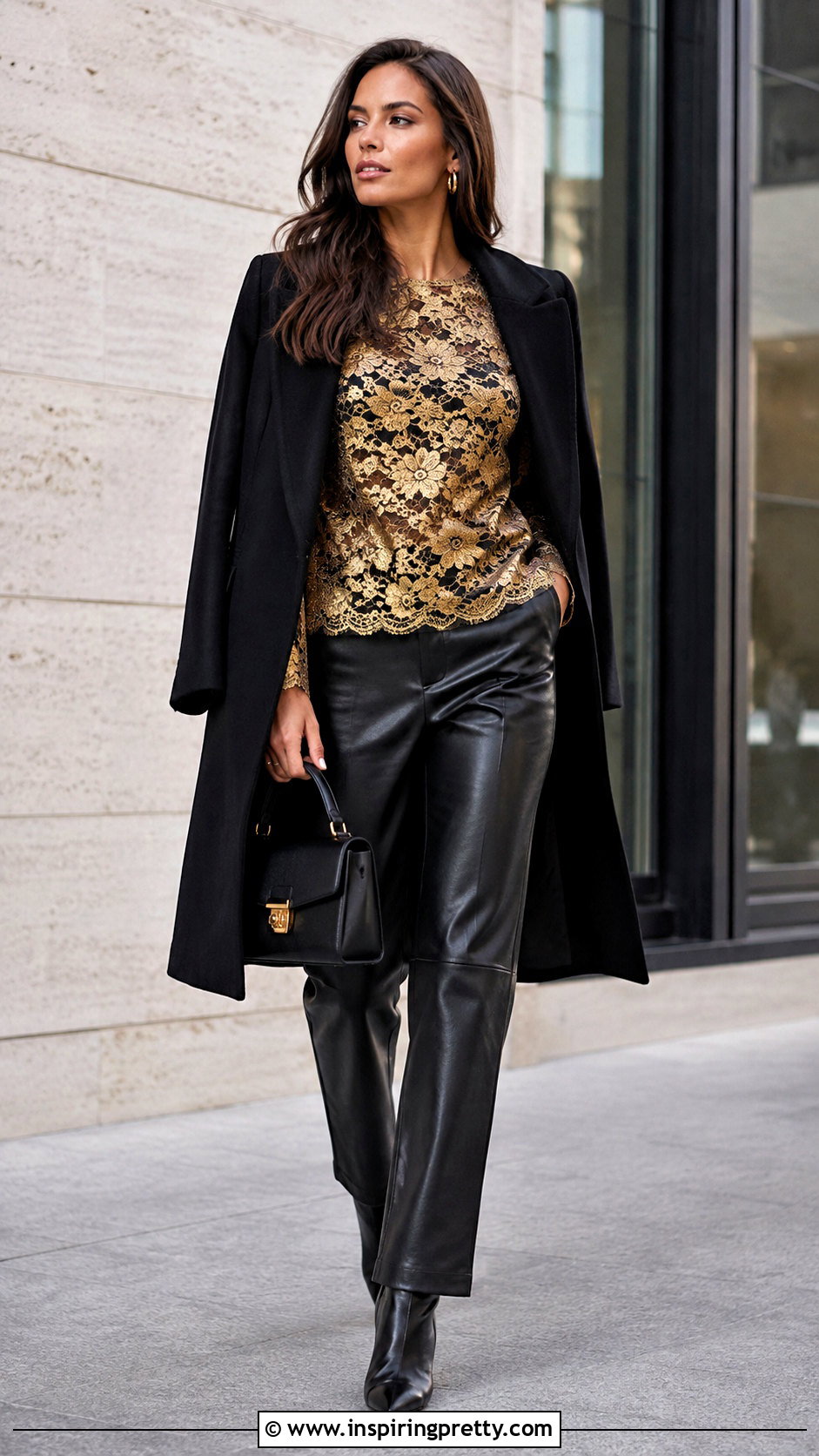 Gold Lace Top With Faux Leather Pants - 25 gold lace tops outfit ideas