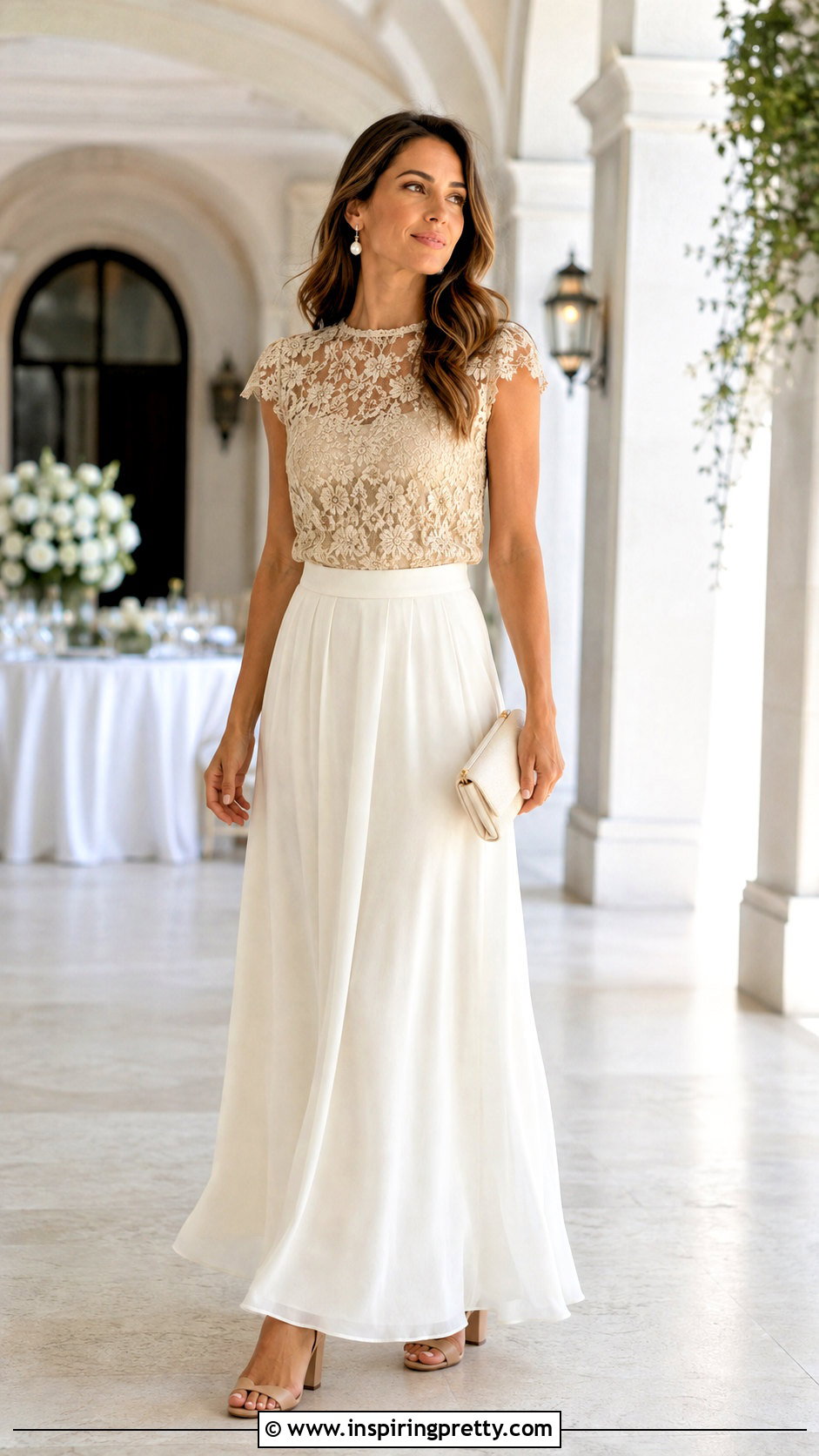 Gold Lace Top With Ivory Maxi Skirt - 25 gold lace tops outfit ideas