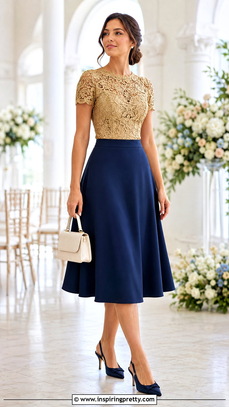 Gold Lace Top With Navy Midi Skirt - 25 gold lace tops outfit ideas
