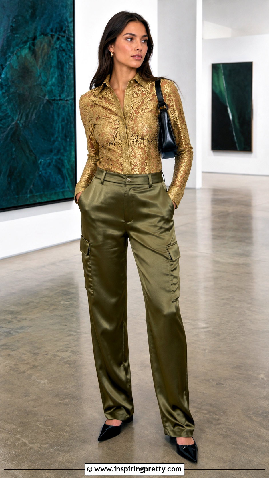 Gold Lace Top With Satin Cargo Pants - 25 gold lace tops outfit ideas