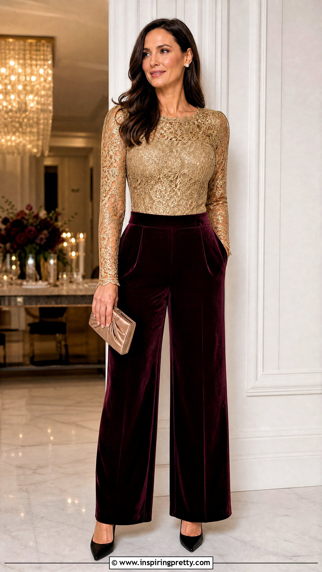 Gold Lace Top With Velvet Pants - 50 gold tops designs