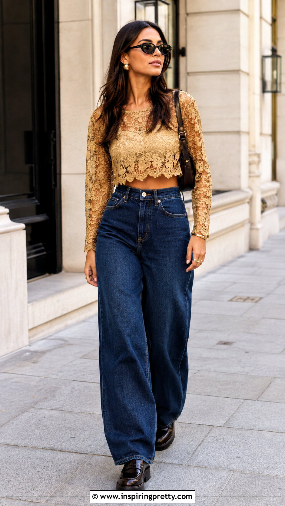 Gold Lace Top With Wide Leg Jeans - 25 gold lace tops outfit ideas