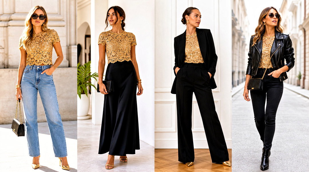 25 Gold Lace Tops Outfit Ideas for Chic Evening Looks