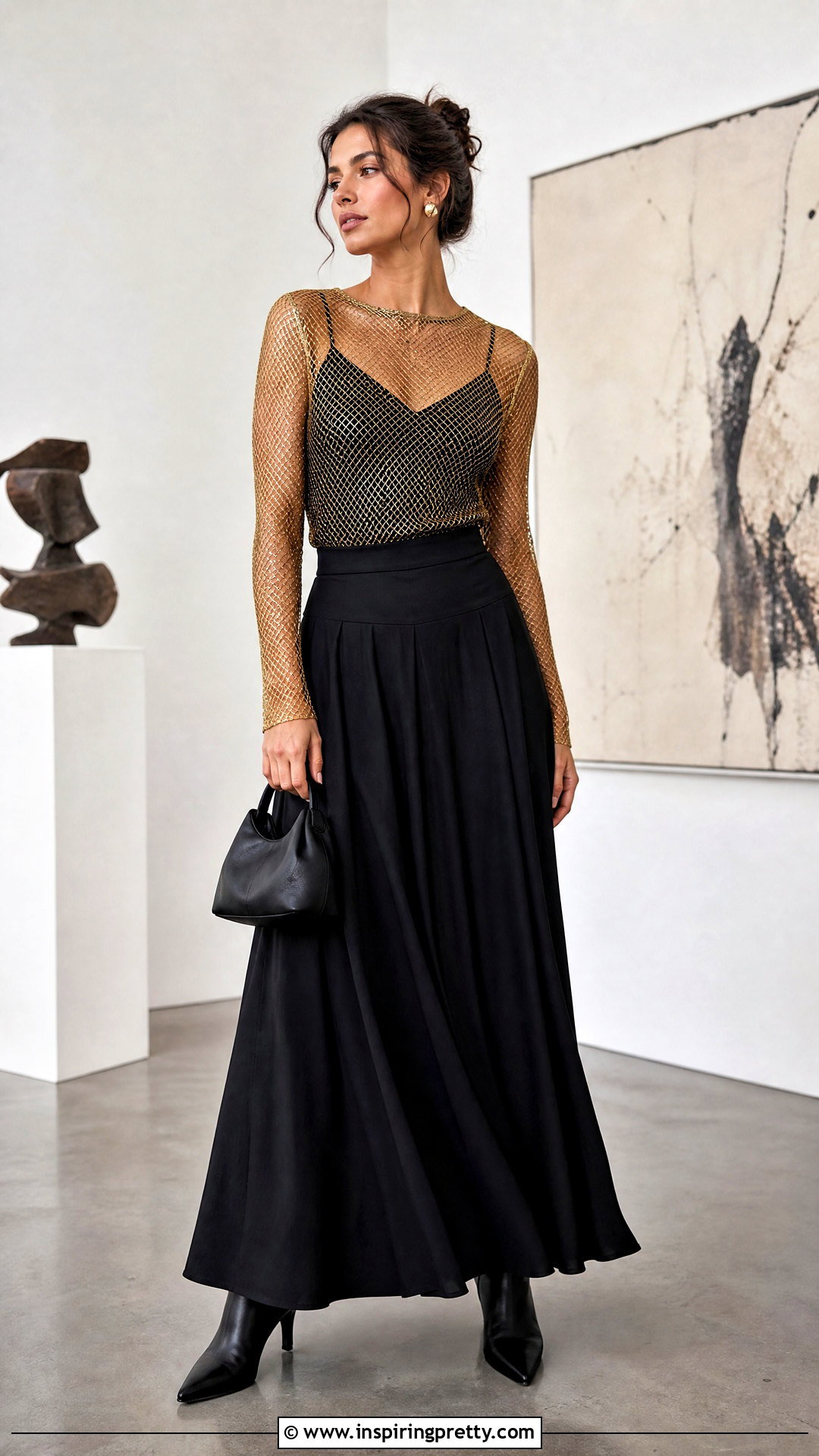 Gold Mesh Top With Black Maxi Skirt - 50 gold top outfit ideas